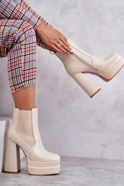 Best Boto Damskie Skórzane Botki Na Masywnym Obcasie Beżowe Jones