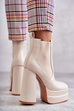 Best Boto Damskie Skórzane Botki Na Masywnym Obcasie Beżowe Jones