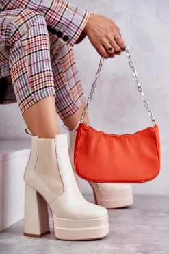 Best Boto Damskie Skórzane Botki Na Masywnym Obcasie Beżowe Jones