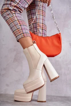 Best Boto Damskie Skórzane Botki Na Masywnym Obcasie Beżowe Jones