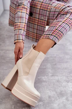 Best Boto Damskie Skórzane Botki Na Masywnym Obcasie Beżowe Jones