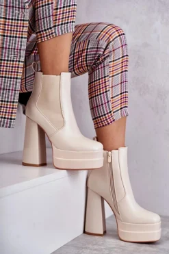 Best Boto Damskie Skórzane Botki Na Masywnym Obcasie Beżowe Jones