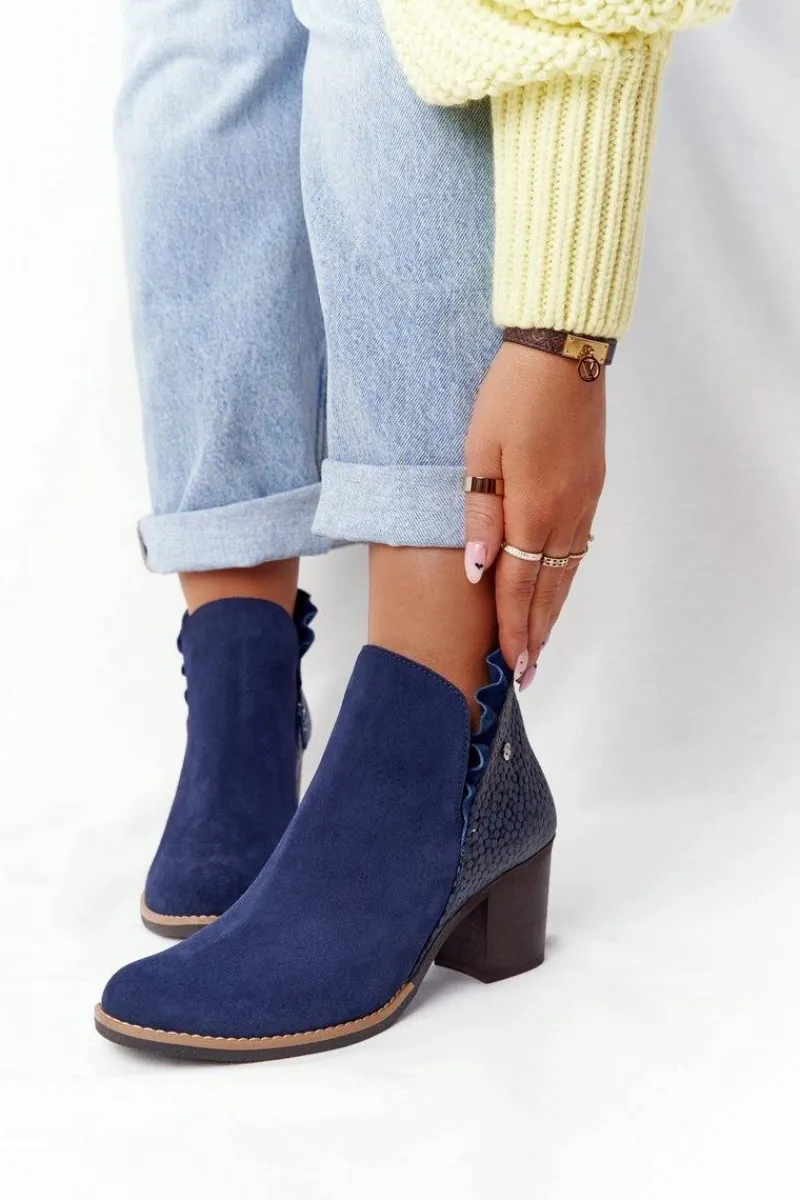 New Damskie Skórzane Botki Na Słupku Granatowe 04833-17 Damskie Botki Wiosenne|Botki Maciejka