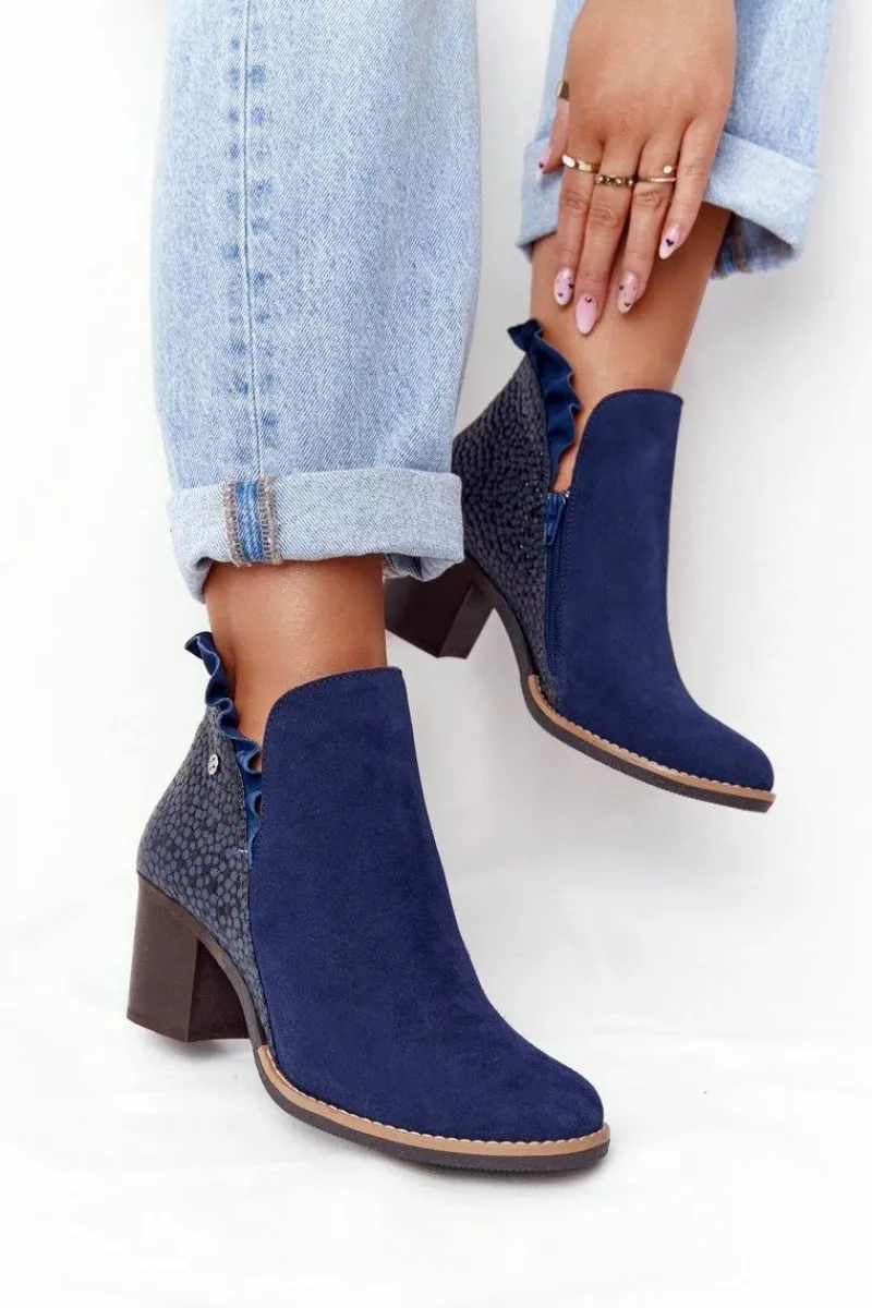 New Damskie Skórzane Botki Na Słupku Granatowe 04833-17 Damskie Botki Wiosenne|Botki Maciejka
