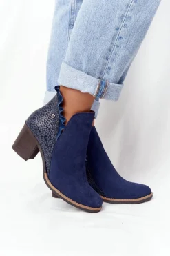 New Damskie Skórzane Botki Na Słupku Granatowe 04833-17 Damskie Botki Wiosenne|Botki Maciejka