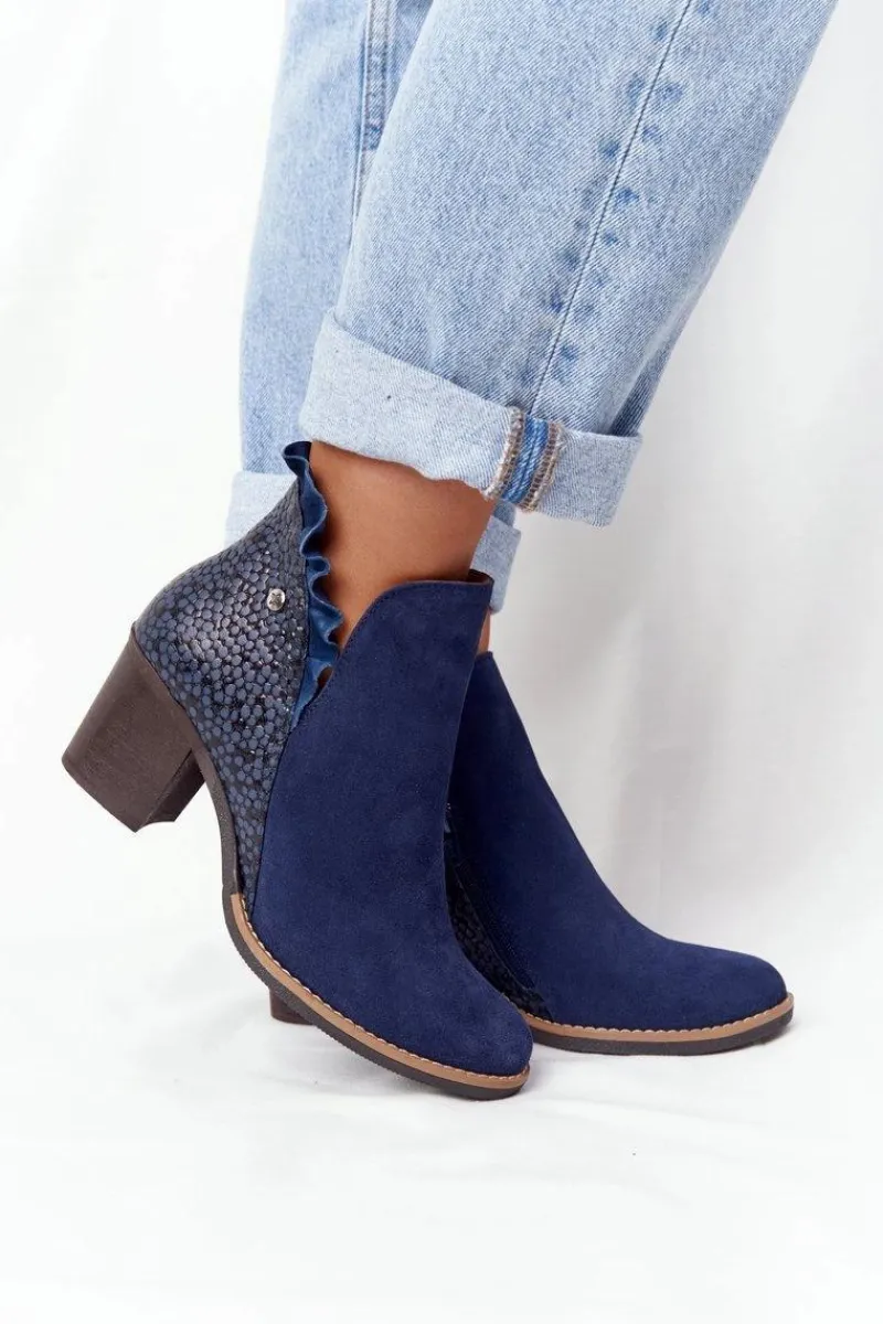 New Damskie Skórzane Botki Na Słupku Granatowe 04833-17 Damskie Botki Wiosenne|Botki Maciejka