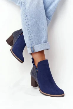 New Damskie Skórzane Botki Na Słupku Granatowe 04833-17 Damskie Botki Wiosenne|Botki Maciejka