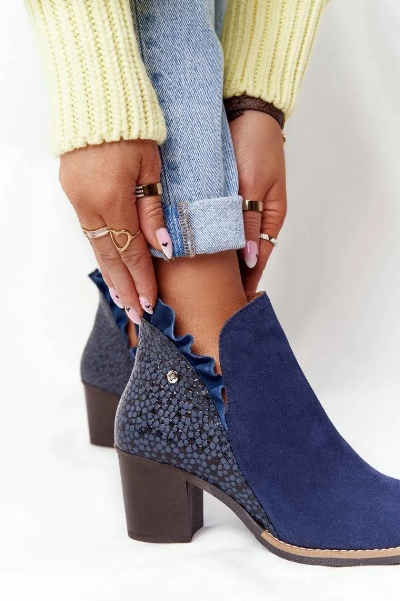 New Damskie Skórzane Botki Na Słupku Granatowe 04833-17 Damskie Botki Wiosenne|Botki Maciejka