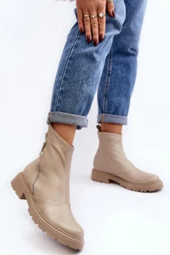 Online Laura Messi Damskie Skórzane Botki Na Płaskim Obcasie 2620/199 Jasnobeżowe