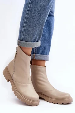 Online Laura Messi Damskie Skórzane Botki Na Płaskim Obcasie 2620/199 Jasnobeżowe