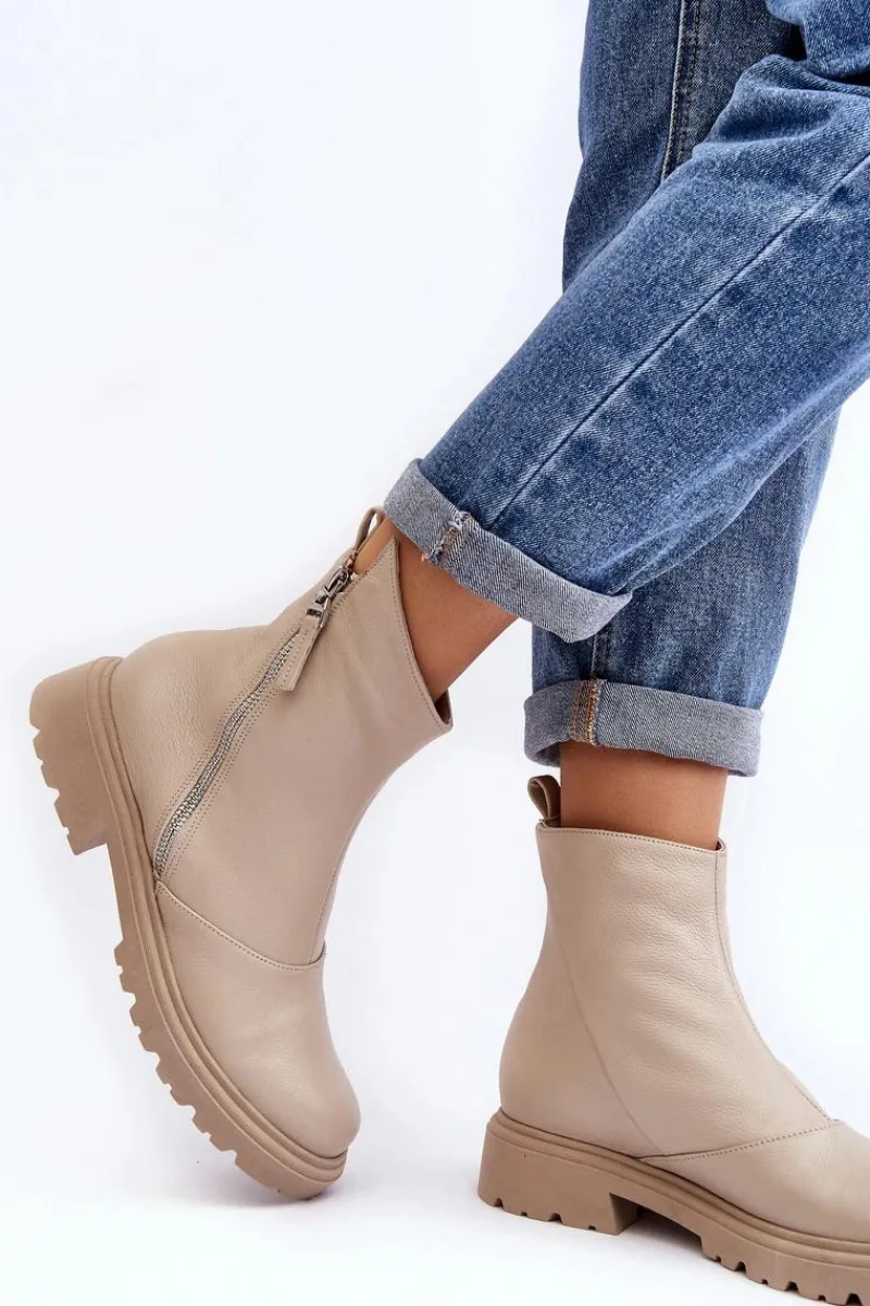 Online Laura Messi Damskie Skórzane Botki Na Płaskim Obcasie 2620/199 Jasnobeżowe