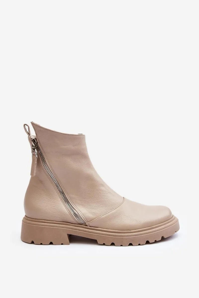 Online Laura Messi Damskie Skórzane Botki Na Płaskim Obcasie 2620/199 Jasnobeżowe