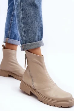 Online Laura Messi Damskie Skórzane Botki Na Płaskim Obcasie 2620/199 Jasnobeżowe