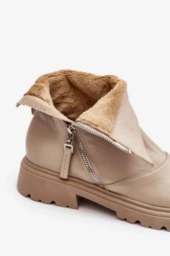 Online Laura Messi Damskie Skórzane Botki Na Płaskim Obcasie 2620/199 Jasnobeżowe