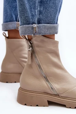 Online Laura Messi Damskie Skórzane Botki Na Płaskim Obcasie 2620/199 Jasnobeżowe