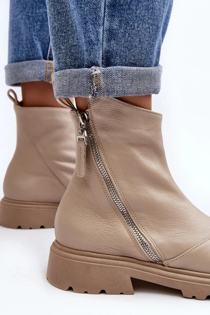 Online Laura Messi Damskie Skórzane Botki Na Płaskim Obcasie 2620/199 Jasnobeżowe