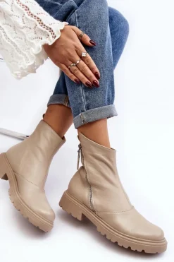 Online Laura Messi Damskie Skórzane Botki Na Płaskim Obcasie 2620/199 Jasnobeżowe