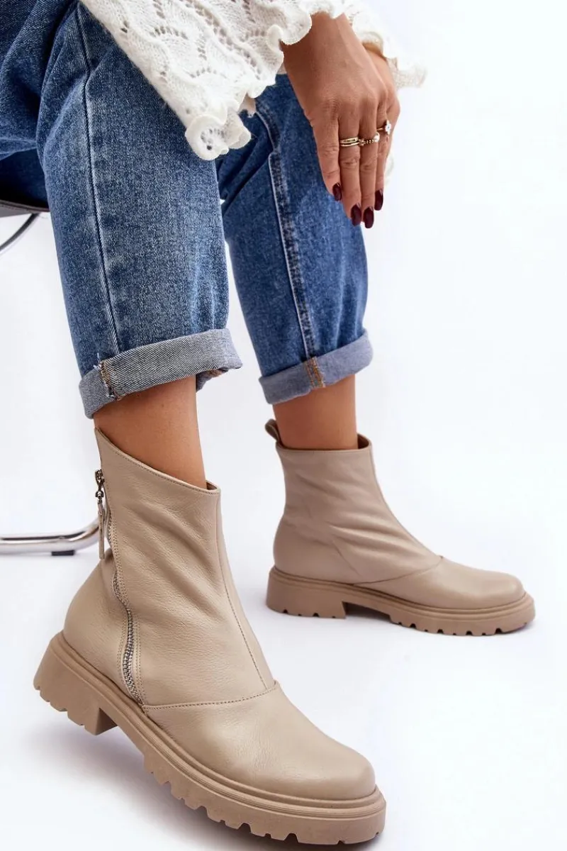 Online Laura Messi Damskie Skórzane Botki Na Płaskim Obcasie 2620/199 Jasnobeżowe