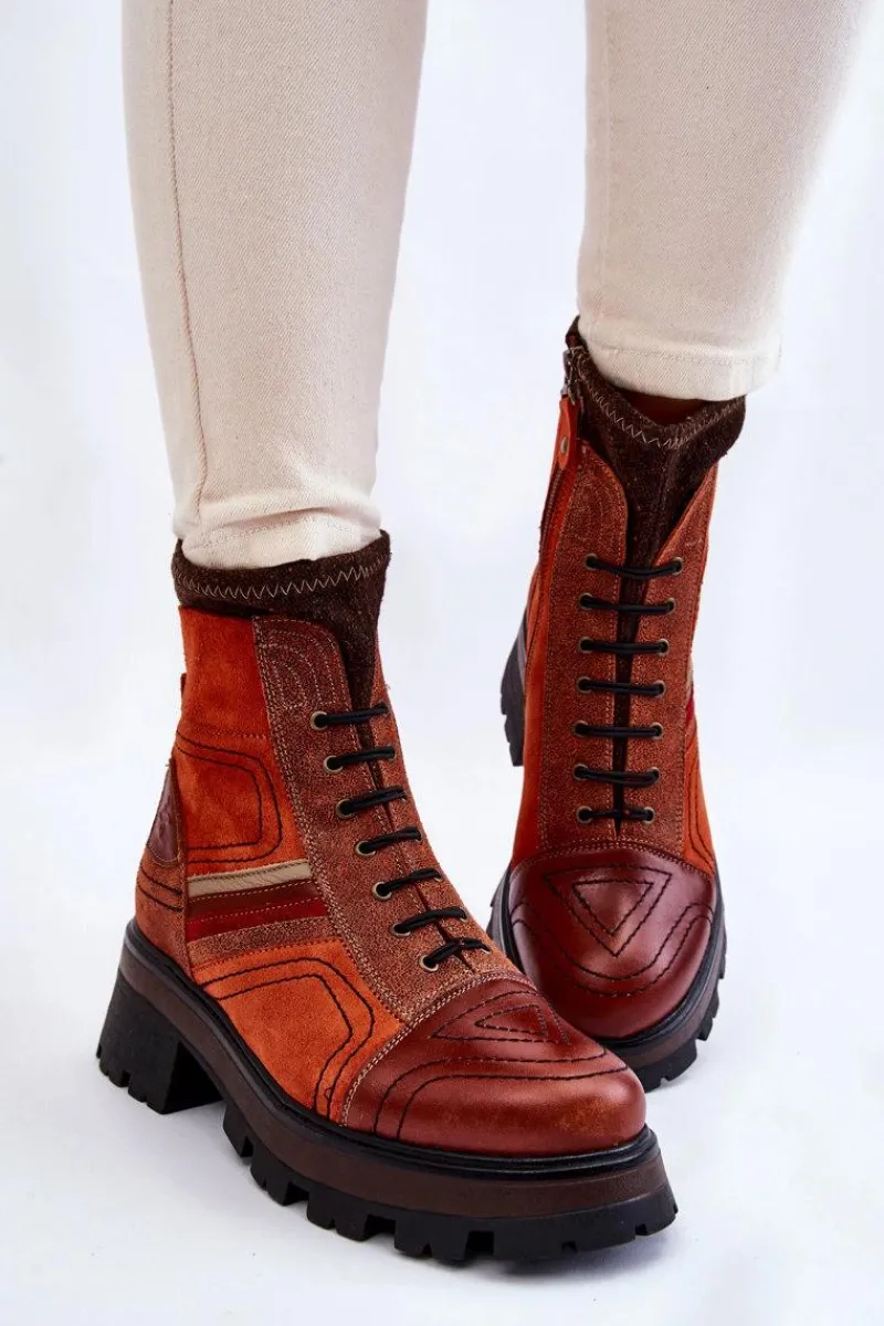 Maciejka Damskie Skórzane Botki Na Płaskim Obcasie 05624-08 Pomarańczowo-Brązowe