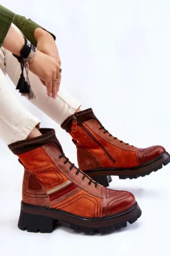 Maciejka Damskie Skórzane Botki Na Płaskim Obcasie 05624-08 Pomarańczowo-Brązowe