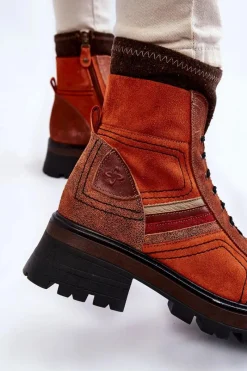 Maciejka Damskie Skórzane Botki Na Płaskim Obcasie 05624-08 Pomarańczowo-Brązowe