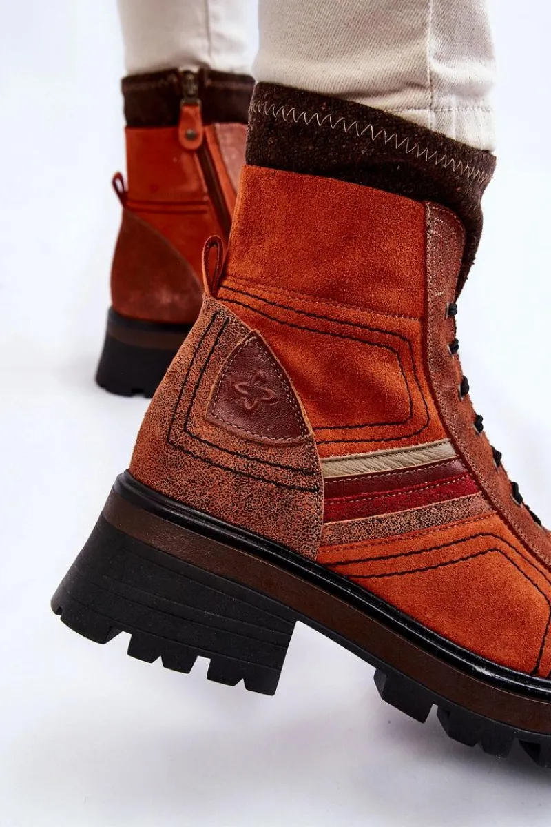 Maciejka Damskie Skórzane Botki Na Płaskim Obcasie 05624-08 Pomarańczowo-Brązowe