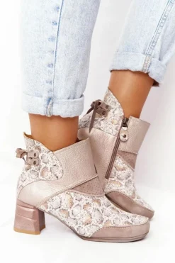 Discount Damskie Skórzane Botki Na Słupku Złoto Beżowe 03963-20 Damskie Botki Wiosenne|Botki Maciejka