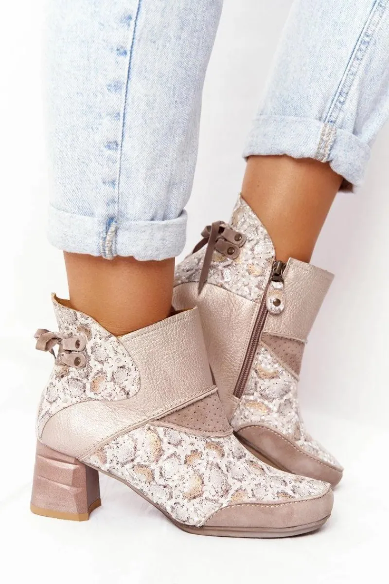 Discount Damskie Skórzane Botki Na Słupku Złoto Beżowe 03963-20 Damskie Botki Wiosenne|Botki Maciejka