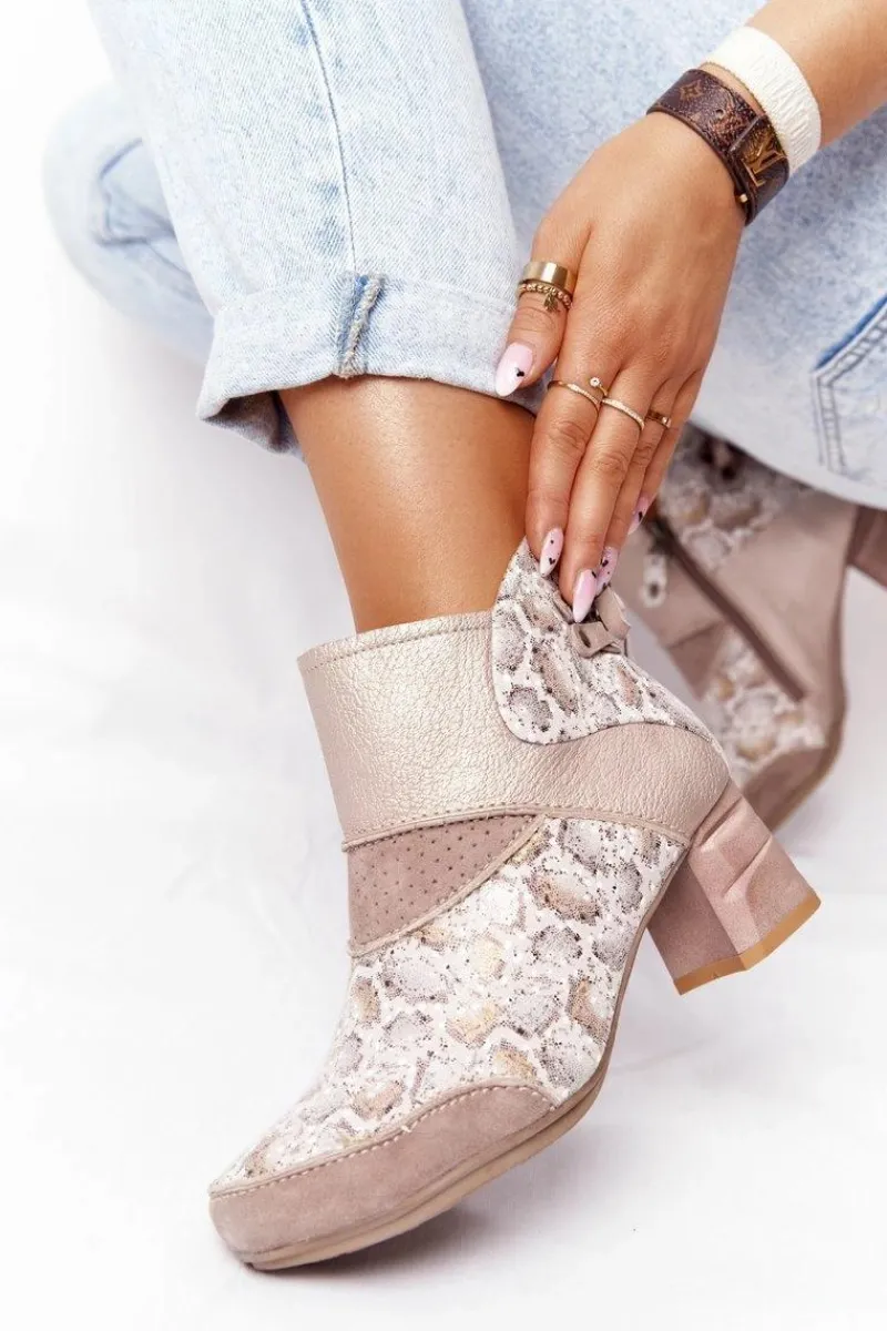 Discount Damskie Skórzane Botki Na Słupku Złoto Beżowe 03963-20 Damskie Botki Wiosenne|Botki Maciejka