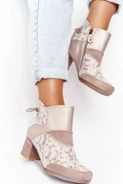 Discount Damskie Skórzane Botki Na Słupku Złoto Beżowe 03963-20 Damskie Botki Wiosenne|Botki Maciejka