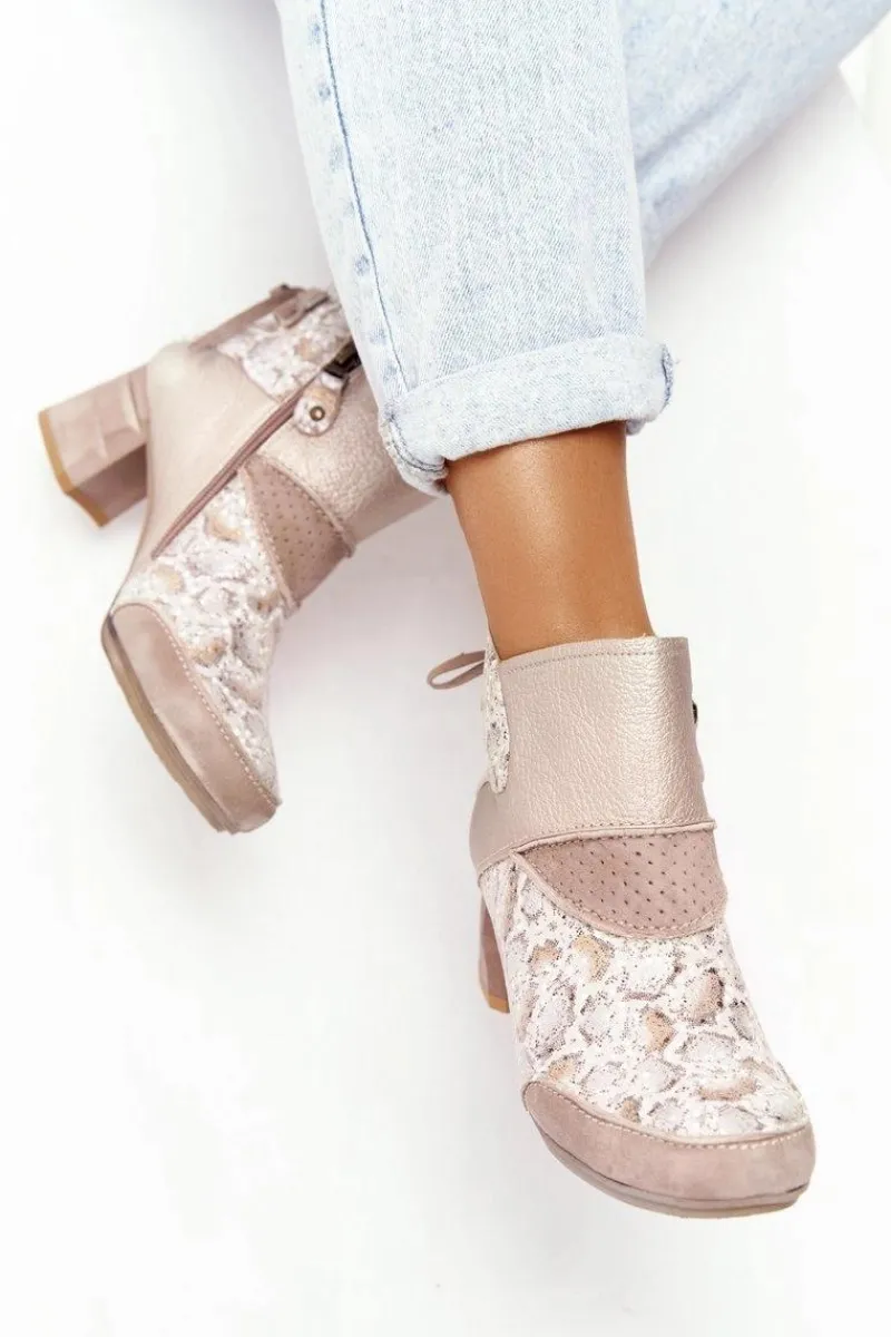 Discount Damskie Skórzane Botki Na Słupku Złoto Beżowe 03963-20 Damskie Botki Wiosenne|Botki Maciejka