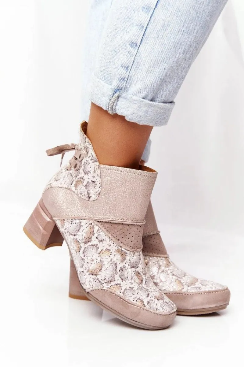 Discount Damskie Skórzane Botki Na Słupku Złoto Beżowe 03963-20 Damskie Botki Wiosenne|Botki Maciejka