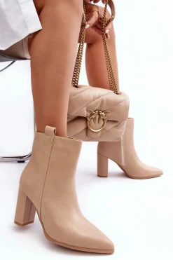 Sale Boto Damskie Skórzane Botki Na Słupku Beżowe Vevine