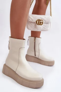 Hot Zazoo Damskie Skórzane Botki Na Platformie Jasnobeżowe Lemar Jenefer