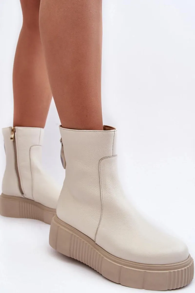 Hot Zazoo Damskie Skórzane Botki Na Platformie Jasnobeżowe Lemar Jenefer