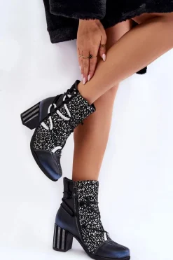 Best Damskie Skórzane Botki Na Obcasie 05605-01 Czarno-Białe Damskie Botki Wiosenne|Botki Na Słupku