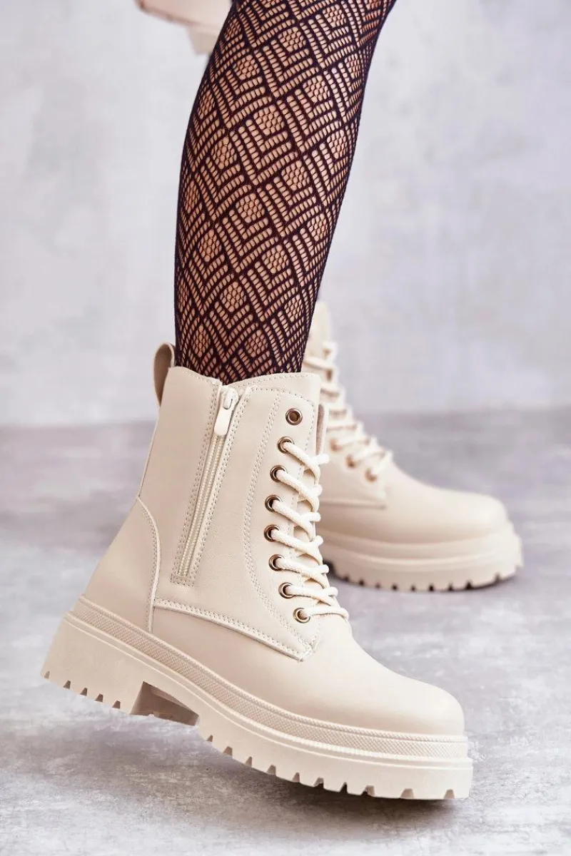 Sale Evento Damskie Skórzane Botki Ocieplane Jasnobeżowe Dorchen Beżowy