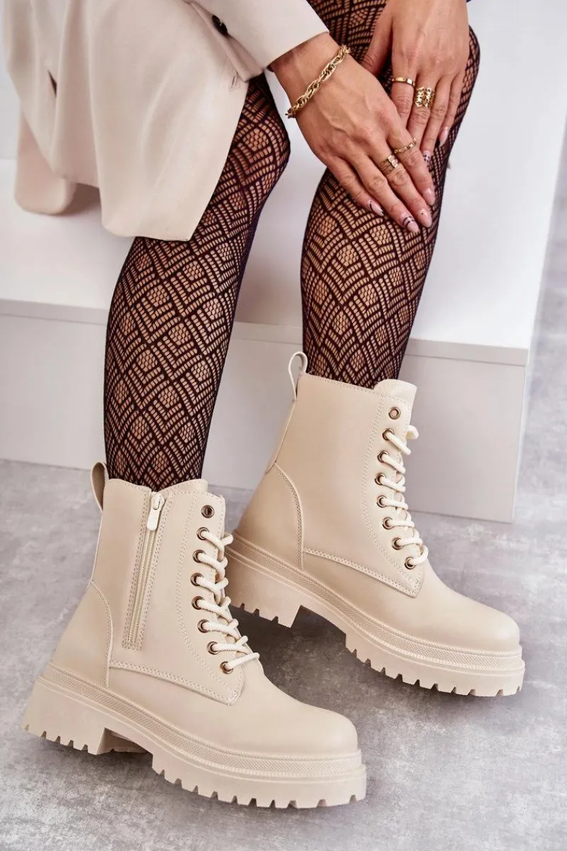 Sale Evento Damskie Skórzane Botki Ocieplane Jasnobeżowe Dorchen Beżowy