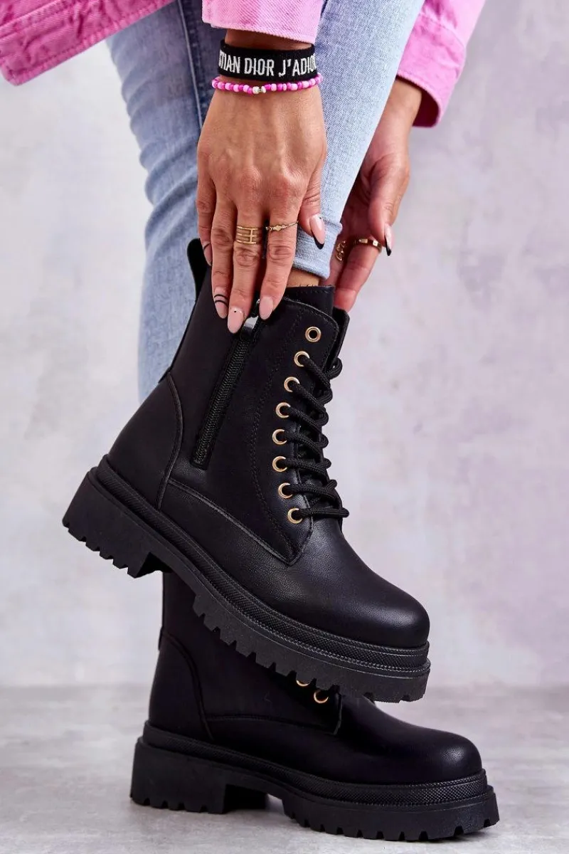 Botki Ocieplane|Botki Sznurowane>Evento Damskie Skórzane Botki Ocieplane Czarne Dorchen Czarny