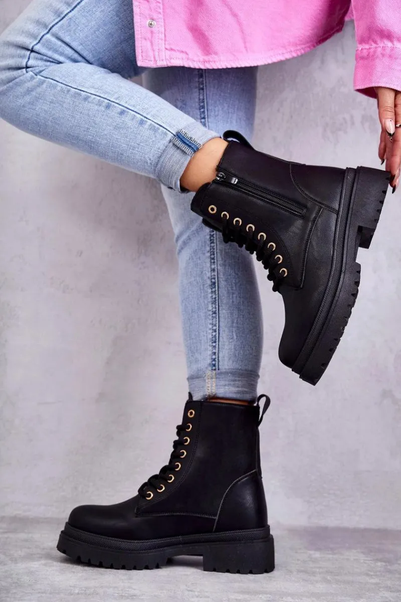 Botki Ocieplane|Botki Sznurowane>Evento Damskie Skórzane Botki Ocieplane Czarne Dorchen Czarny