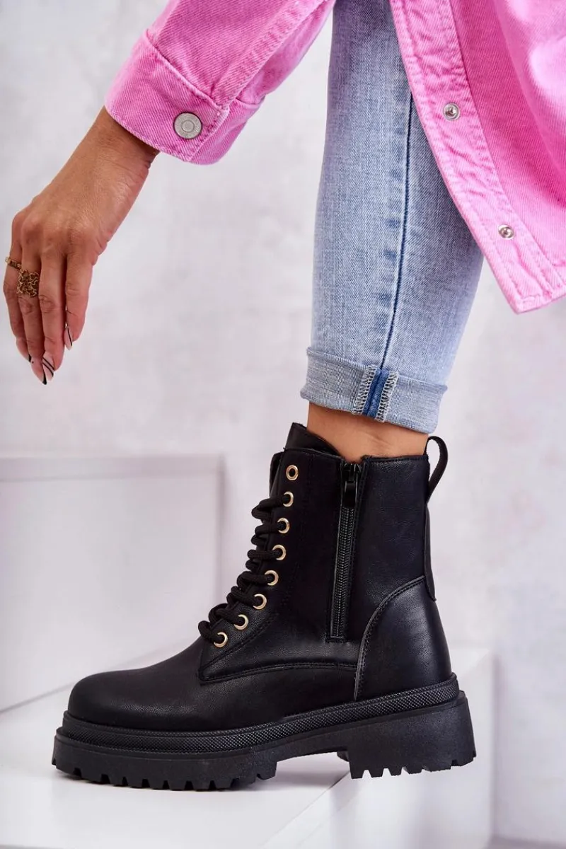 Botki Ocieplane|Botki Sznurowane>Evento Damskie Skórzane Botki Ocieplane Czarne Dorchen Czarny