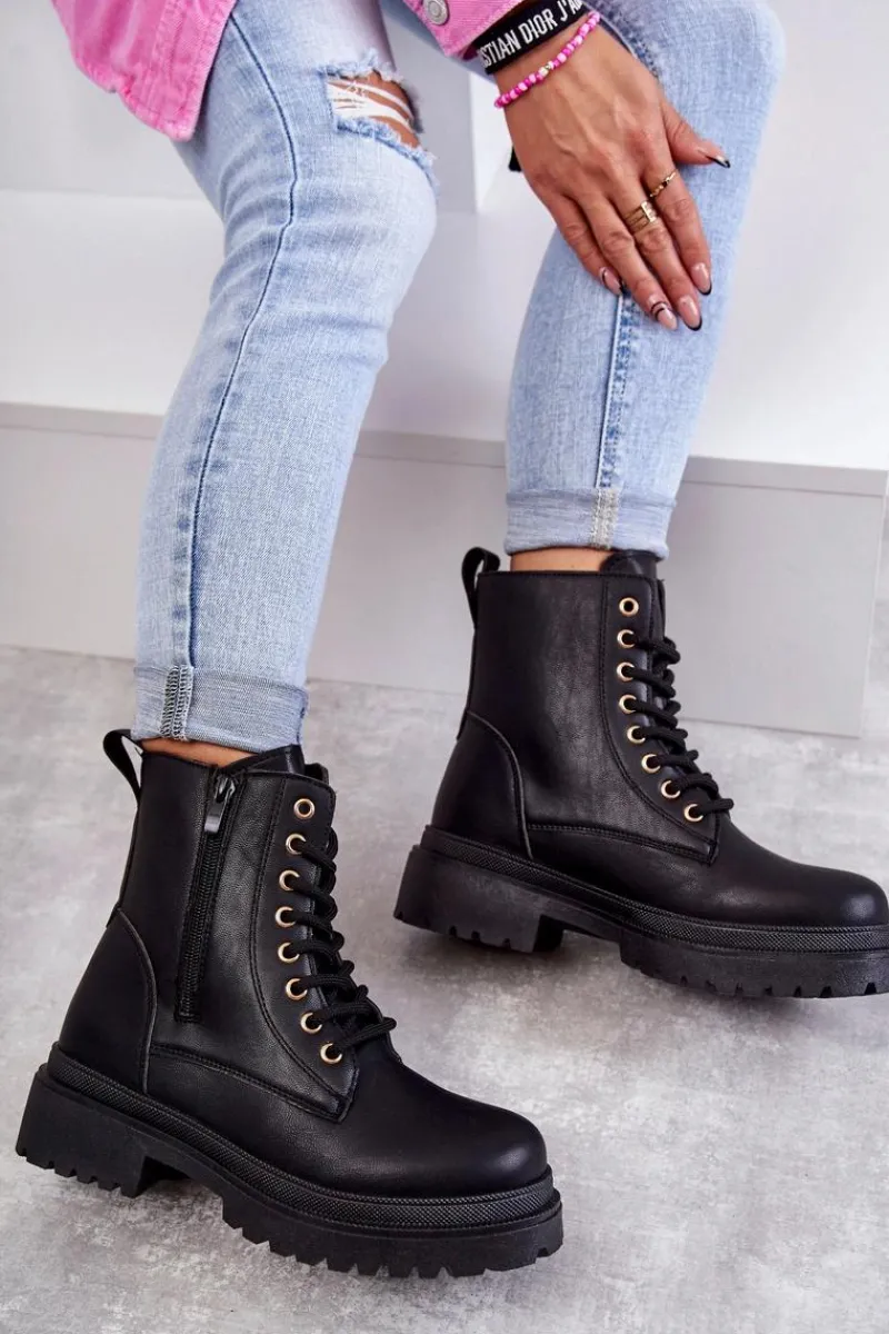 Botki Ocieplane|Botki Sznurowane>Evento Damskie Skórzane Botki Ocieplane Czarne Dorchen Czarny