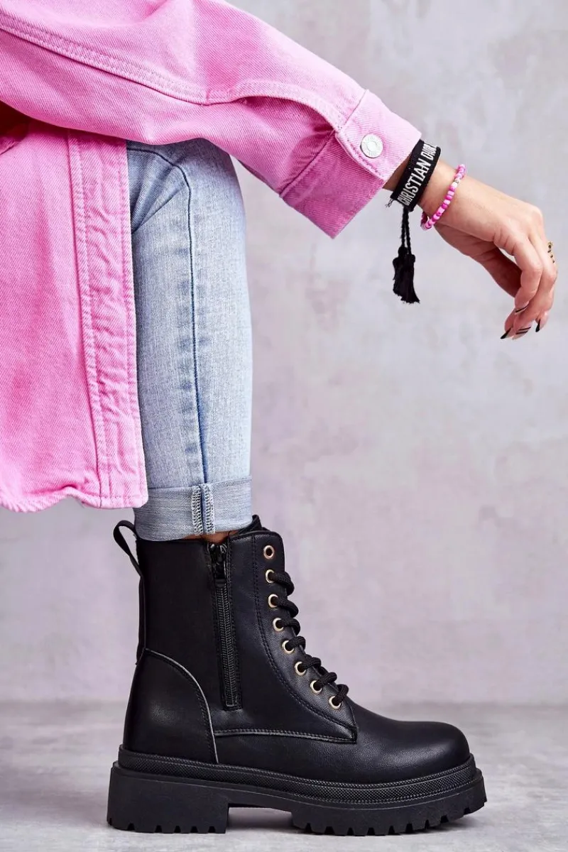 Botki Ocieplane|Botki Sznurowane>Evento Damskie Skórzane Botki Ocieplane Czarne Dorchen Czarny