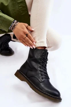 Botki Sznurowane|Czarne Botki></noscript>GOE Damskie Skórzane Botki Ocieplane Na Suwak II2N4060 Czarne