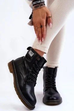 New Damskie Skórzane Botki Ocieplane II2N4053 Czarne Damskie Botki Sznurowane|Czarne Botki