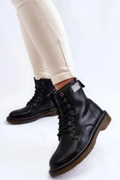 New Damskie Skórzane Botki Ocieplane II2N4053 Czarne Damskie Botki Sznurowane|Czarne Botki