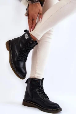 New Damskie Skórzane Botki Ocieplane II2N4053 Czarne Damskie Botki Sznurowane|Czarne Botki