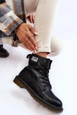 New Damskie Skórzane Botki Ocieplane II2N4053 Czarne Damskie Botki Sznurowane|Czarne Botki