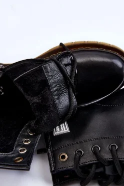 New Damskie Skórzane Botki Ocieplane II2N4053 Czarne Damskie Botki Sznurowane|Czarne Botki