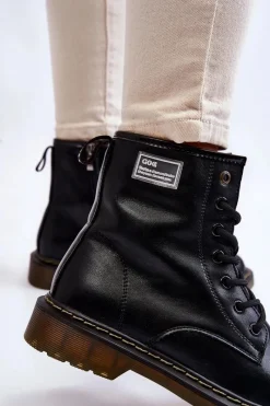 New Damskie Skórzane Botki Ocieplane II2N4053 Czarne Damskie Botki Sznurowane|Czarne Botki